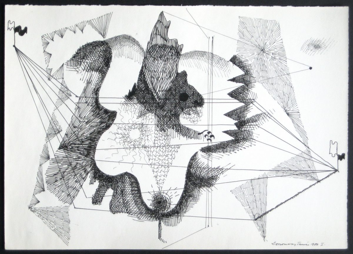 G00023(4)<br/> <b>Cím:</b> Cím nélkül <br/> <b>Méret cm:</b> 21,4X30,6 <br/> <b>Készült:</b> 1980. <br/> <b>Technika:</b> tus<br/>