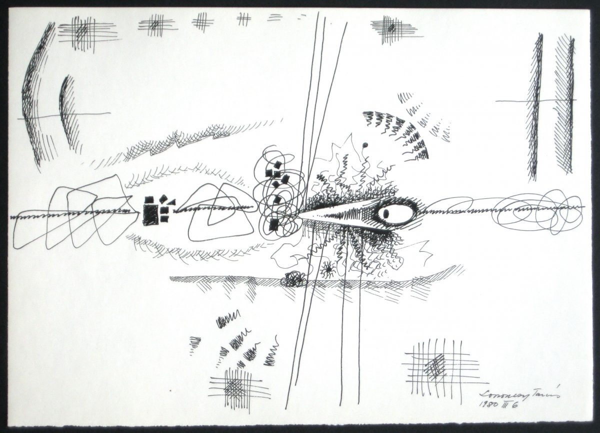 G00064(4)<br/> <b>Cím:</b> Cím nélkül <br/> <b>Méret cm:</b> 21,4X30,7 <br/> <b>Készült:</b> 1980. <br/> <b>Technika:</b> tus<br/>