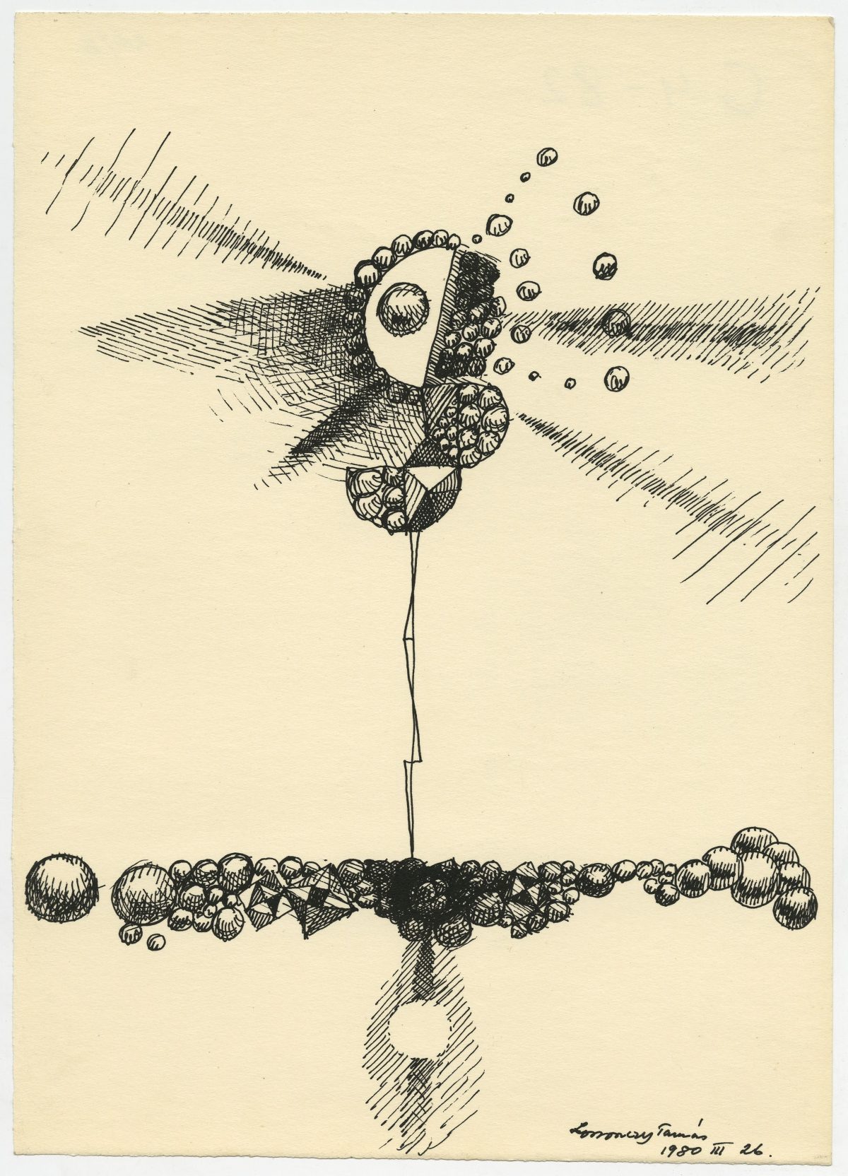 G00082(4)<br/> <b>Cím:</b> Cím nélkül <br/> <b>Méret cm:</b> 30,7X22 <br/> <b>Készült:</b> 1980. <br/> <b>Technika:</b> tus<br/>