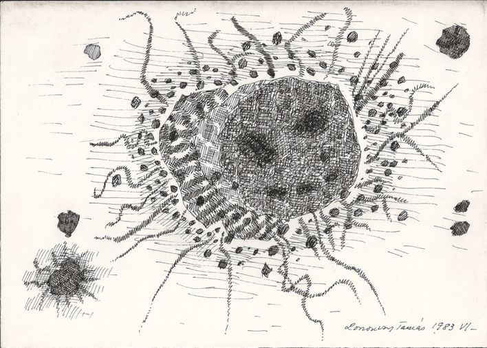 G00129(20)<br/> <b>Cím:</b> Cím nélkül <br/> <b>Méret cm:</b> 15,2X21,5 <br/> <b>Készült:</b> 1983. <br/> <b>Technika:</b> tus<br/>