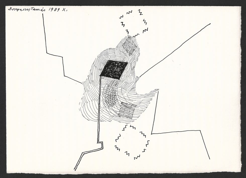 G00314(21)<br/> <b>Cím:</b> DIALÓGUS. vas és hús <br/> <b>Méret cm:</b> 15,1X21,5 <br/> <b>Készült:</b> 1989. <br/> <b>Technika:</b> tus <br/>