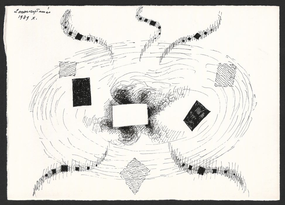 G00315(21)<br/> <b>Cím:</b> DIALÓGUS. vas és hús <br/> <b>Méret cm:</b> 15,1X21,5 <br/> <b>Készült:</b> 1989. <br/> <b>Technika:</b> tus<br/>