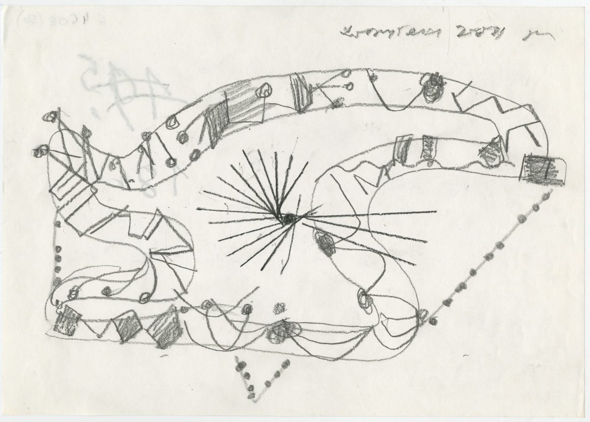 G04608(56)<br/> <b>Cím:</b> Ami neked ugatás nekem ének <br/> <b>Méret cm:</b> 21X29,6 <br/> <b>Készült:</b> 2001. <br/> <b>Technika:</b> ceruza<br/>