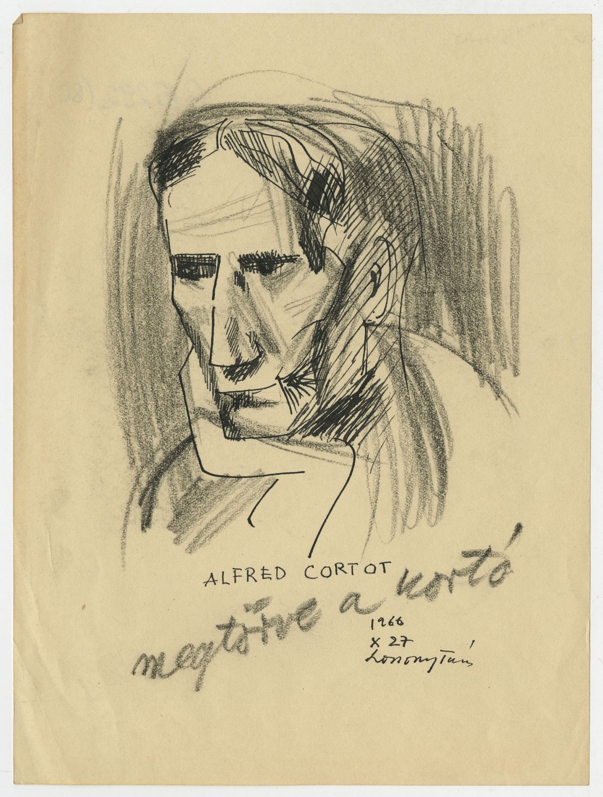 G15292(80)<br/> <b>Cím:</b> Alfred Cortot megtörve a kortó <br/> <b>Méret cm:</b> 21,1x15,7 <br/> <b>Készült:</b> 1966. <br/> <b>Technika:</b> tus, ceruza<br/>