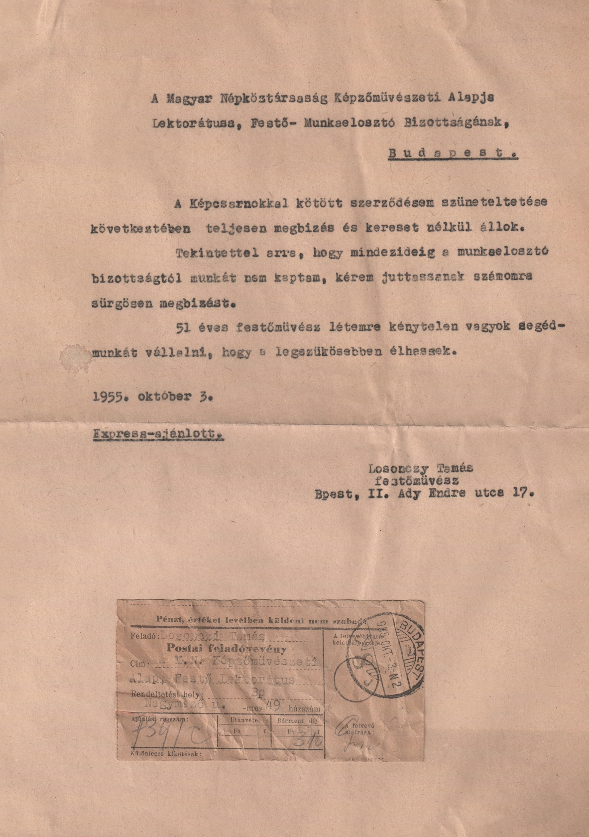 1955-10-03 L.T. Magyar Népköztársaság Képzőművészeti Alapjának, Megbízás kérése